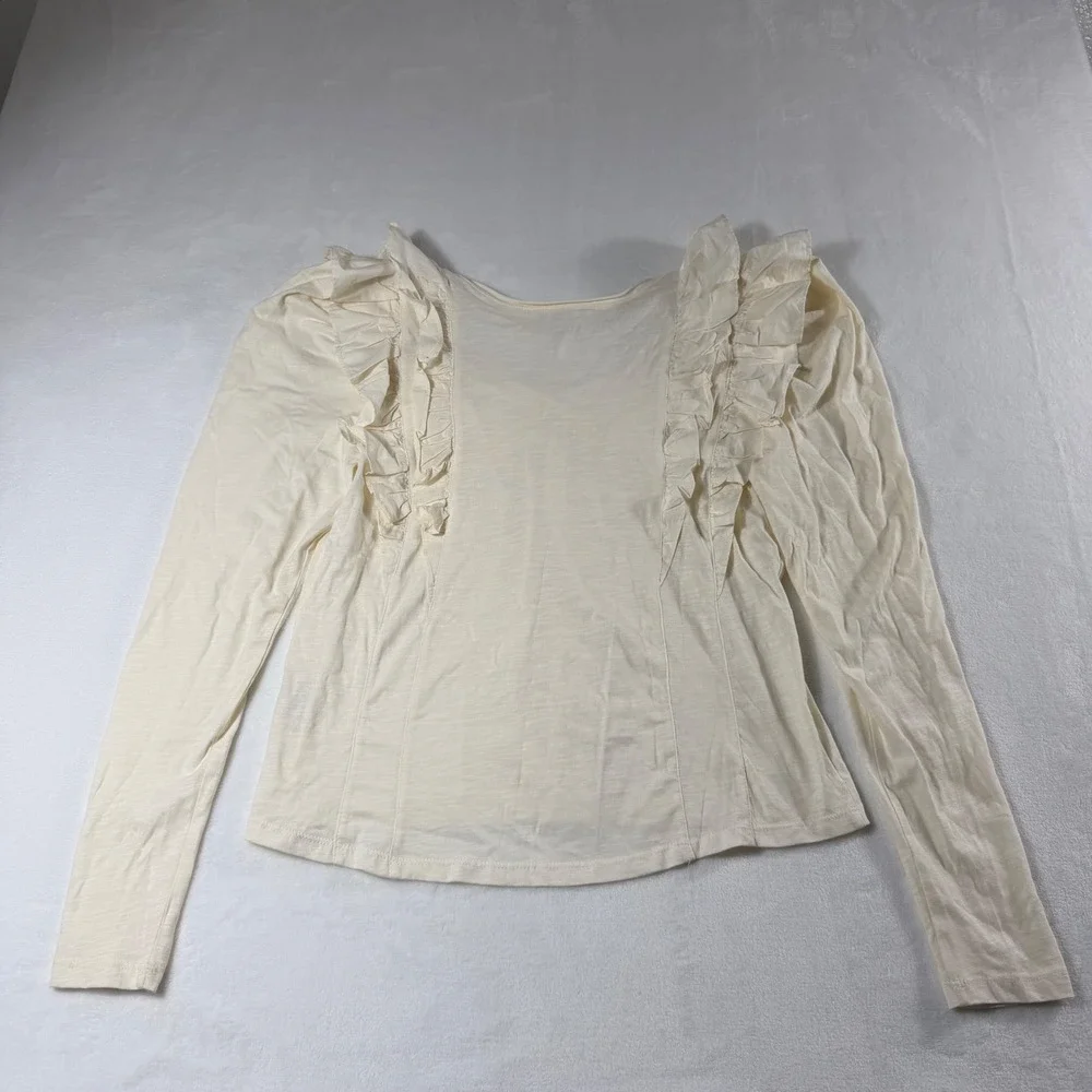 Anthropologie Ruffle V-Neck Puff Sleeve Top Womens M‎ Cream Cottagecore New*